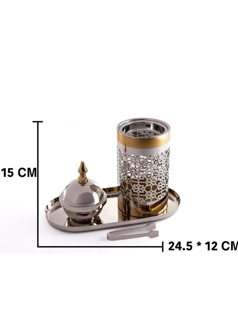 Stainless steel incense burner set with an Andalusian-Indian decorative incense box in two colors: silver/gold - Image 2